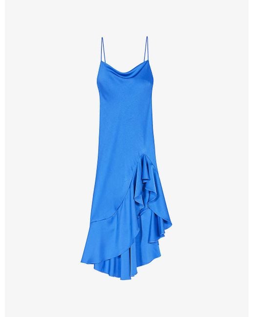 Maje Blue Ruffle-trim Asymmetric-hem Satin Midi Dress