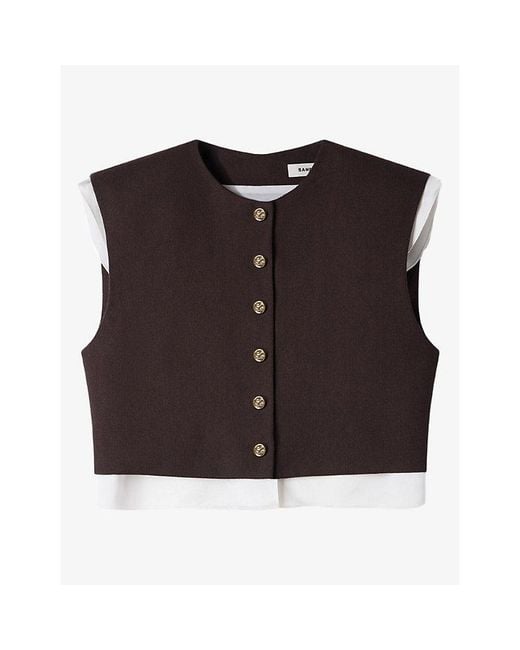 Sandro Brown Contrast-Layer Cropped Wool-Blend Top