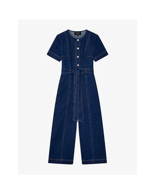 Whistles Blue Short-Sleeve Cropped Denim Jumpsuit
