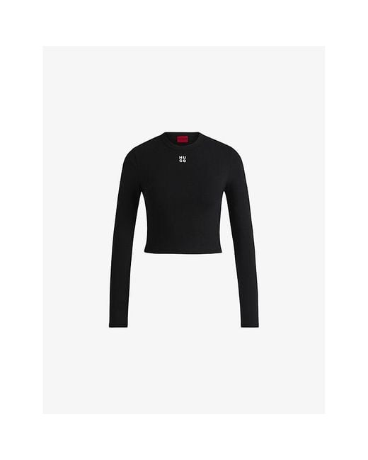 HUGO Black Logo-Embroidered Long-Sleeve Stretch Cotton-Blend Top