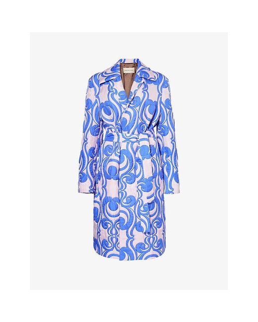 Dries Van Noten Blue Abstract-pattern Quilted Silk-blend Coat
