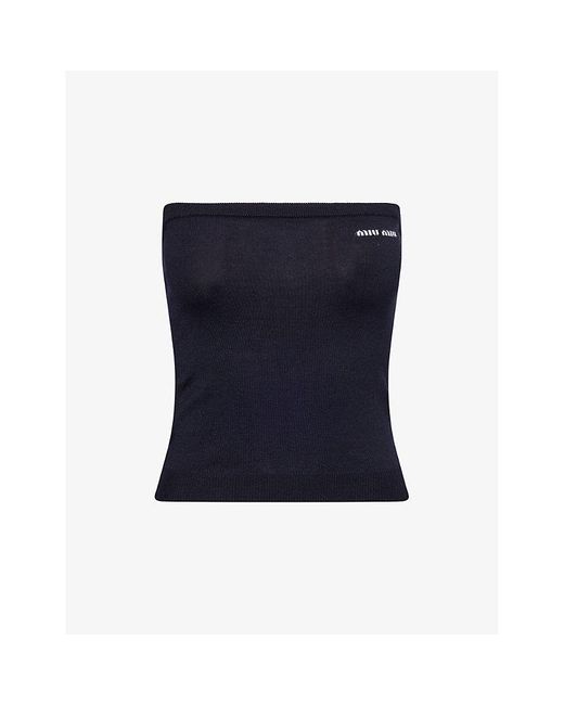Miu Miu Blue Logo-Intarsia Bandeau Wool Knitted Top