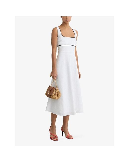 Reiss White Dorethea Contrast-Trim Linen Midi Dress