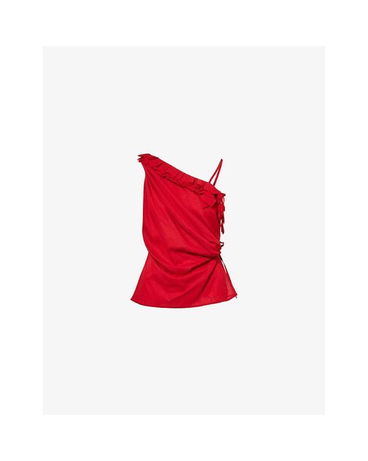 Dries Van Noten Red Draped Asymmetric-Neckline Stretch-Silk Top