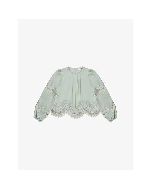 Ro&zo Green Lace-Embroidered Long-Sleeve Cotton Blouse