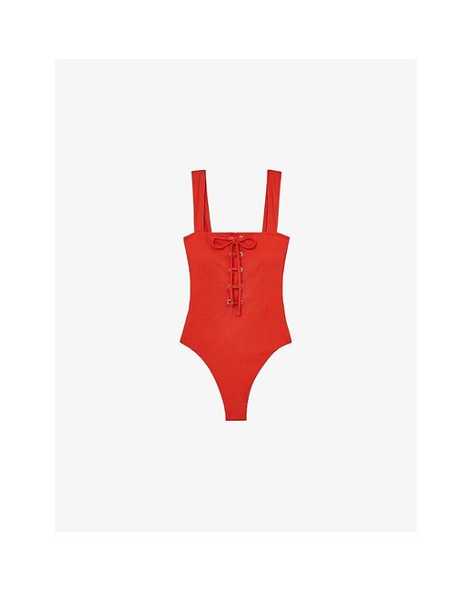 Reiss Red Lace-Up Ribbed Swimsuit