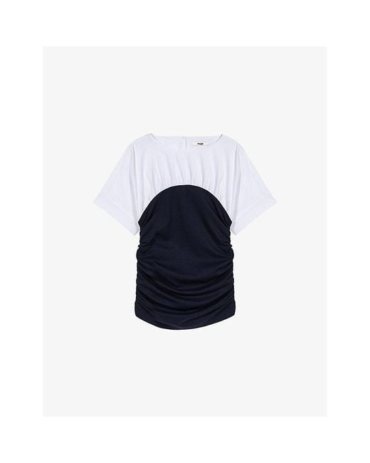 Maje Blue Contrast-Panel Pleated Stretch-Jersey Top