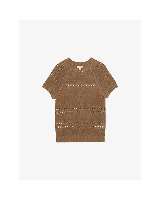 Reiss Brown Chloe Textured Short-Sleeve Linen Top