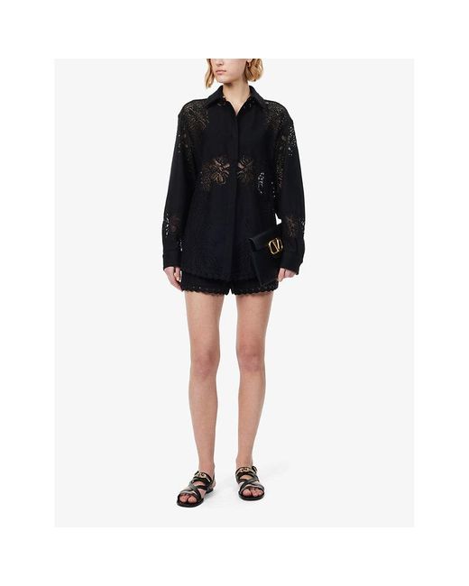 Valentino Garavani Black Floral-lace Scallop-trim Cotton-blend Shirt