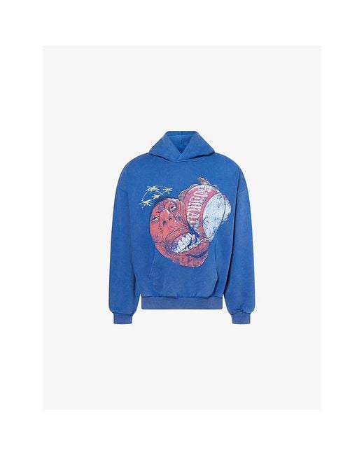 GODMADE Blue Knockout Graphic-Print Washed Cotton Hoody for men