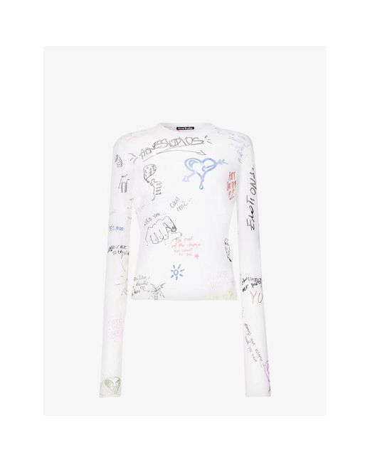 Acne White Emmbar Scribbles Graphic-print Mesh Top