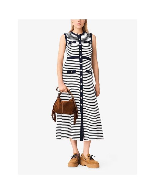 Maje Blue Breton-Stripe Sleeveless Cotton-Blend Maxi Dress