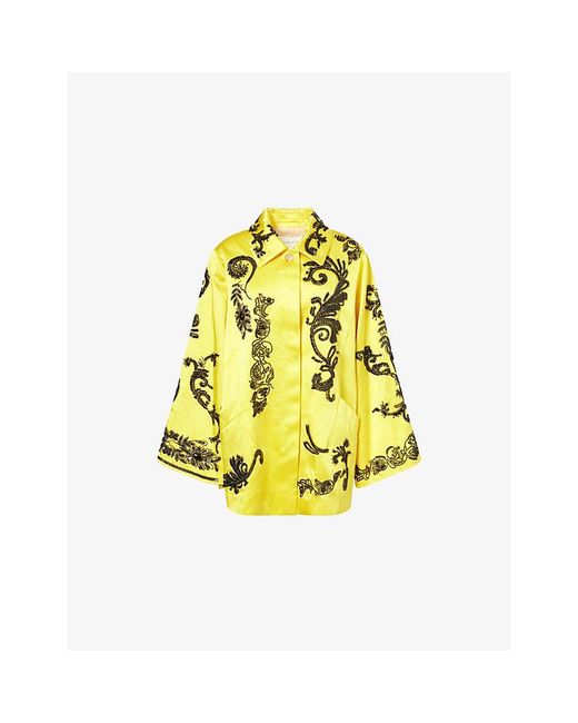 Dries Van Noten Yellow Ricce Bead-Embellished Satin Coat