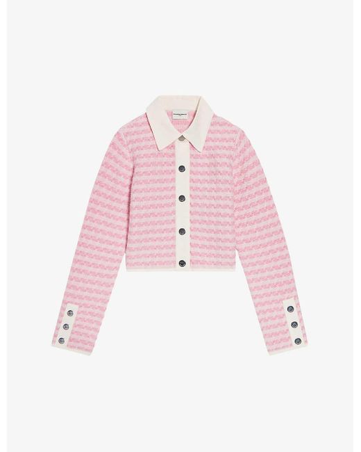Claudie Pierlot Pink Zig-zag-weave Contrast-trim Stretch-knit Cardigan