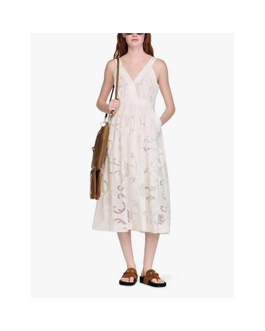 Sandro White Floral V-Neck Cotton-Blend Midi Dress