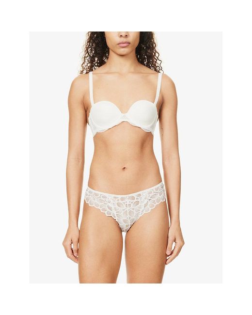 Panache White Allure Floral-Embroidered Stretch-Woven Thong