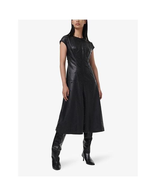 eem Black Stud-Embellished Flared-Hem Faux-Leather Maxi Dress