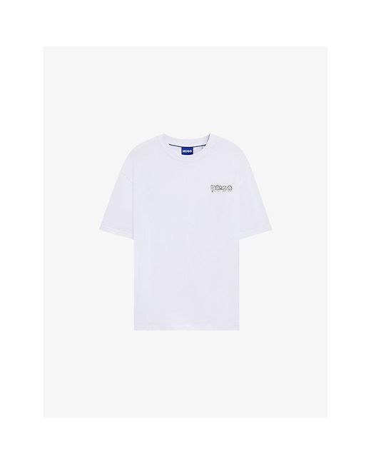 HUGO White Brand-Print Relaxed-Fit Cotton-Jersey T-Shirt for men