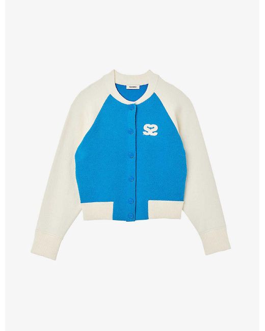 Sandro Blue Bolzano Logo-patch Colour-blocked Knitted Varsity Cardigan