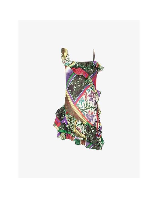 Siedres Green Mimika Patchwork-Print Cotton-Blend Mini Dress