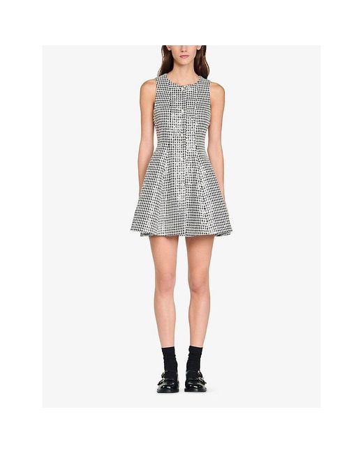 Sandro Gray Sequin-Embellished Houndstooth Tweed Mini Dress