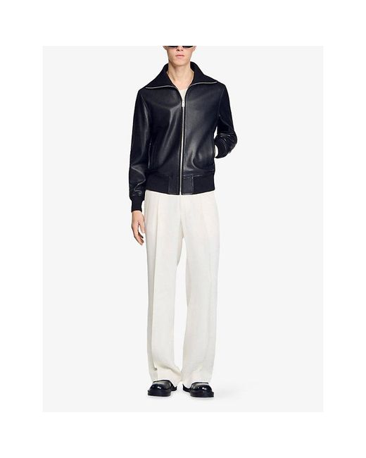 Sandro Black Zipped Regular-Fit Leather Jacket for men