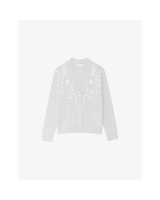Zadig & Voltaire White Mirkaz Rhinestone-Embellished Cashmere Cardigan