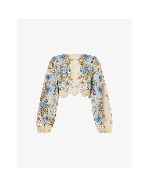 Farm Rio White Garden-Print Cropped Linen Blouse