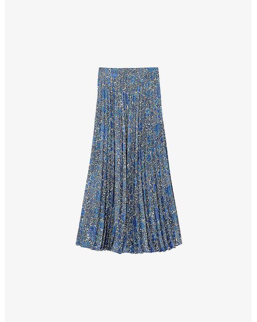 Sandro Blue Floral-print High-rise Woven Midi Skirt