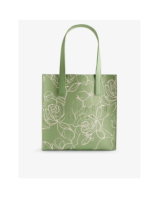Ted Baker Green Linecon Linear-floral Small Icon Faux-leather Tote