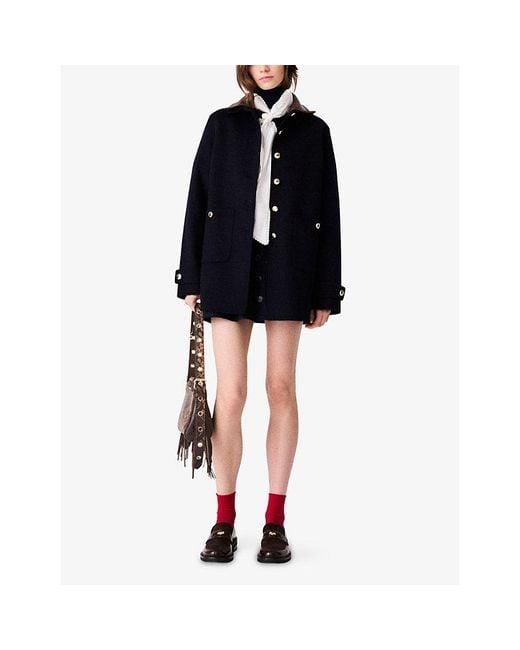 Maje Blue Leather-Collar Double-Faced Wool-Blend Coat