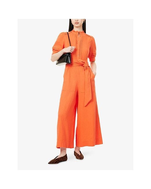 ME+EM Orange Funnel-Neck Wide-Leg Cotton-Cheesecloth Jumpsuit