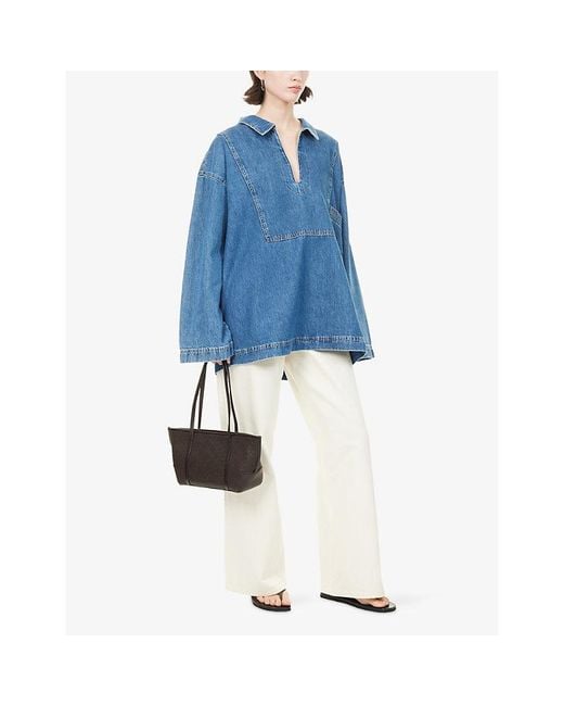 Skall Studio Blue Norma Tunic Open-Neck Cotton Denim Top