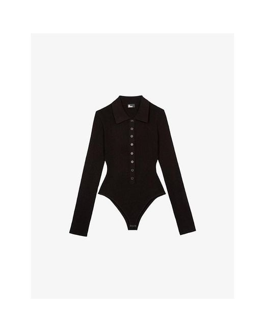 The Kooples Black Polo-Collar Ribbed Knit Bodysuit