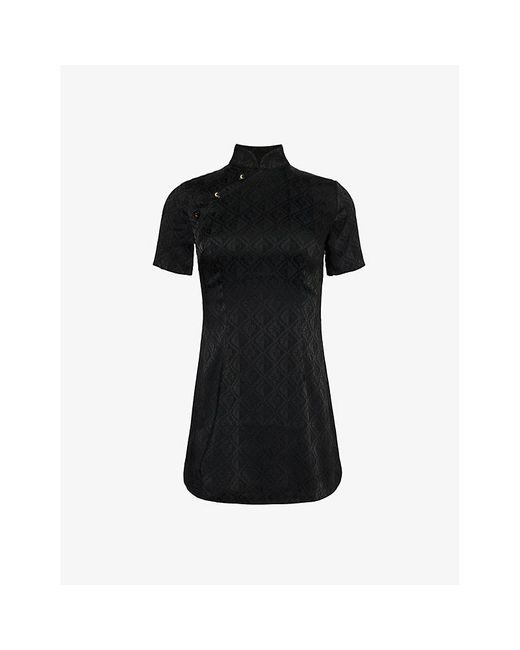 MARINE SERRE Black Logo-jacquard Slim-fit Stretch-satin Mini Dress