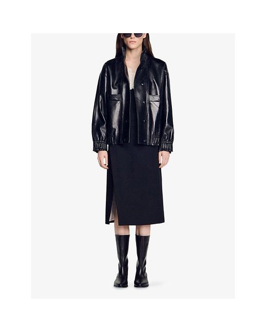 Sandro Black Oversized High-Neck Leather Jacket