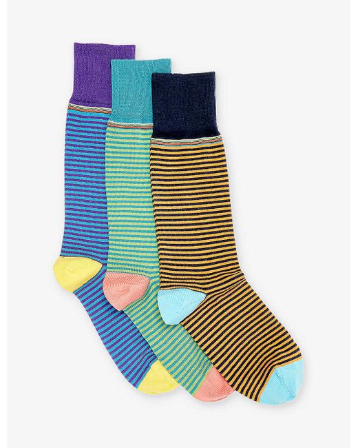 Paul Smith Blue Stripe-pattern Pack Of Three Cotton-blend Socks for men