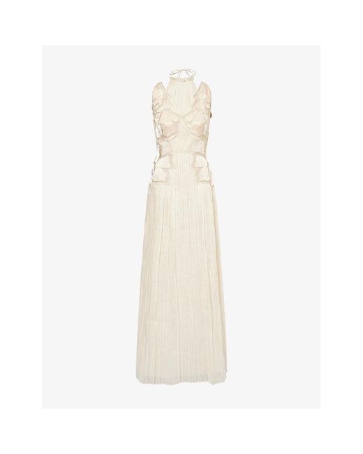 Alberta Ferretti Natural Halterneck Floral Semi-Sheer Cotton Maxi Dress