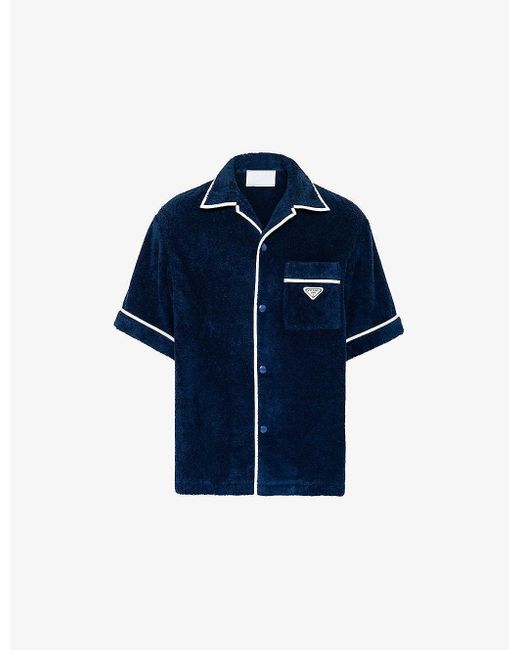 Prada Blue Brand-plaque Cotton Bowling Shirt X for men