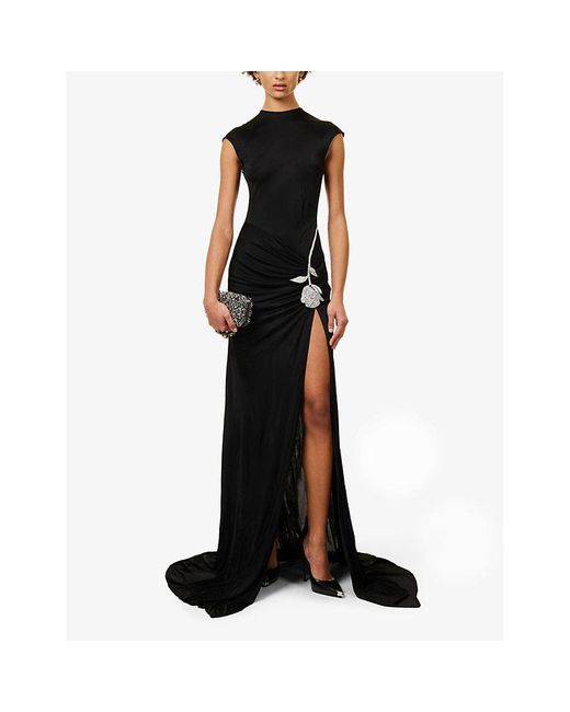 David Koma Black Floral-embellished Slim-fit Jersey Maxi Dress