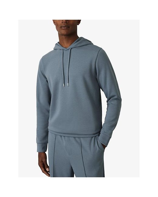 Reiss Blue Fabien Drawstring-Hood Regular-Fit Stretch-Jersey Hoody for men