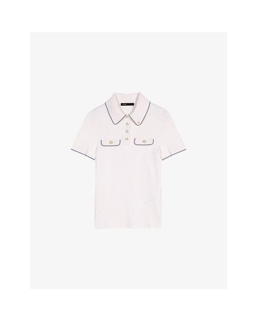 Maje White Flap-Pocket Ribbed Stretch-Knit Polo Shirt