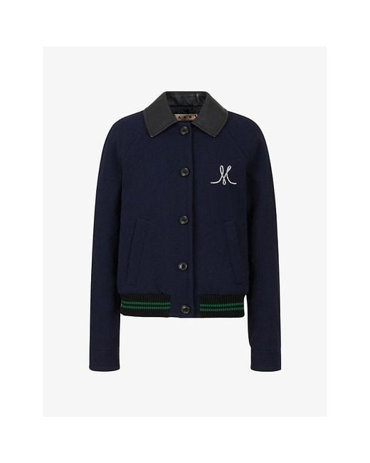 Marni Blue Leather-Collar Wool Crepe Bomber Jacket