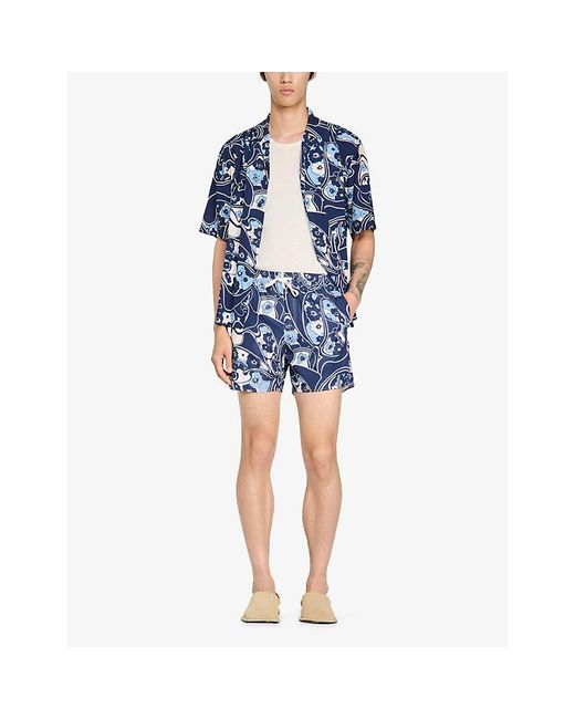 Sandro Blue Graphic-Print Woven Swim Shorts for men