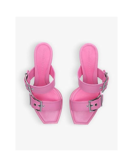 McQueen Pink Buckle-Embellished Leather Heeled Mules