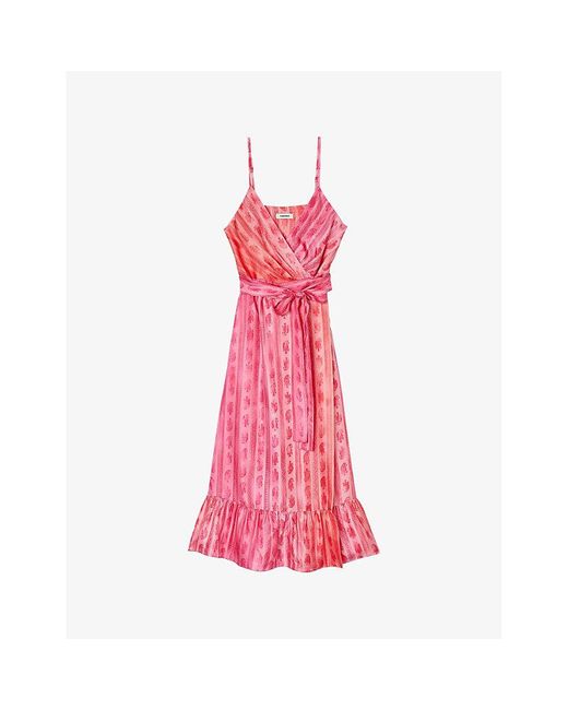 Sandro Pink Paisley-print Tie-waist Woven Midi Dress