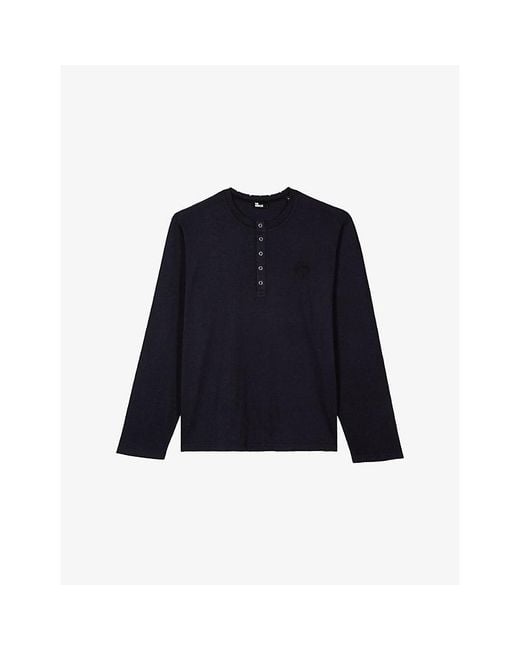 The Kooples Blue Logo-Embroidered Long-Sleeve Cotton T-Shirt for men