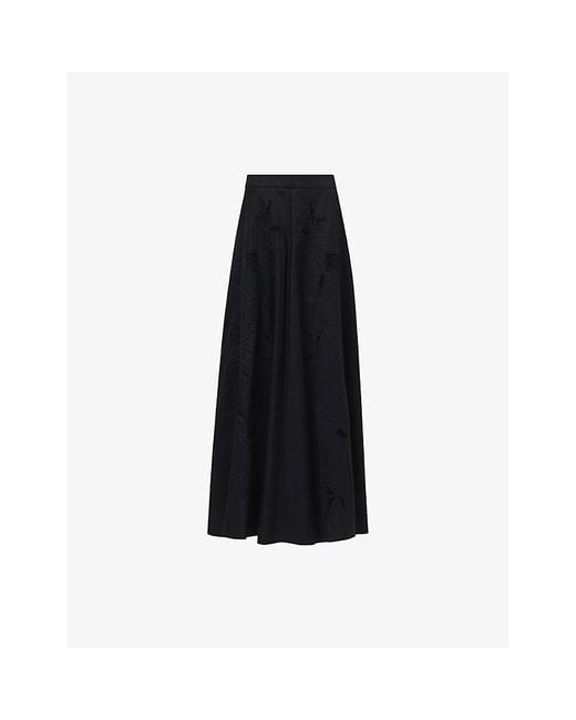 eem Black Embroidered Wide-Hem Cotton-Blend Midi Skirt