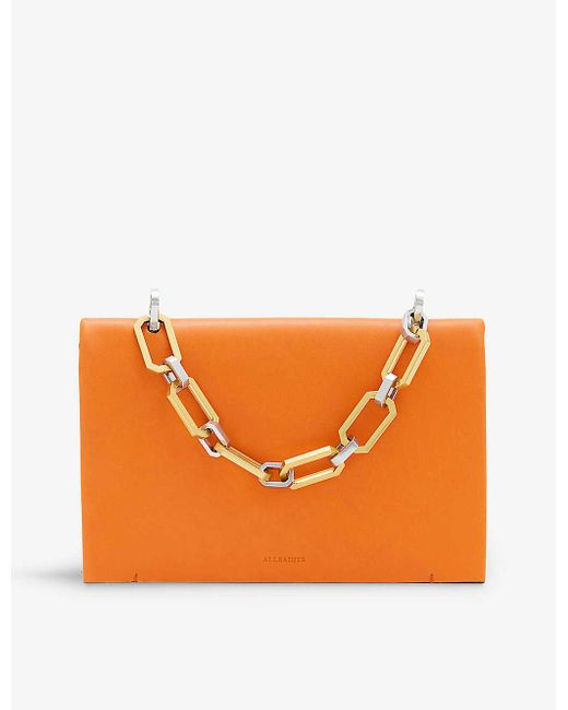 AllSaints Orange Yua Chain-strap Logo-debossed Leather Clutch