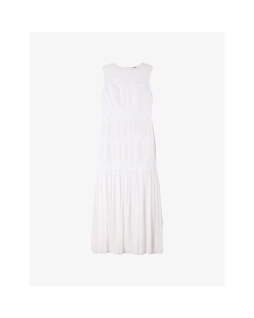 Sandro White Sleeveless Lace-Detail Linen-Blend Maxi Dress